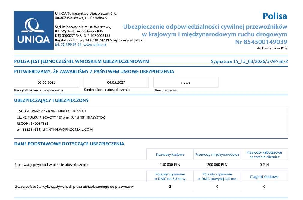 UNIQA OCP — polisa ubezpieczeniowa